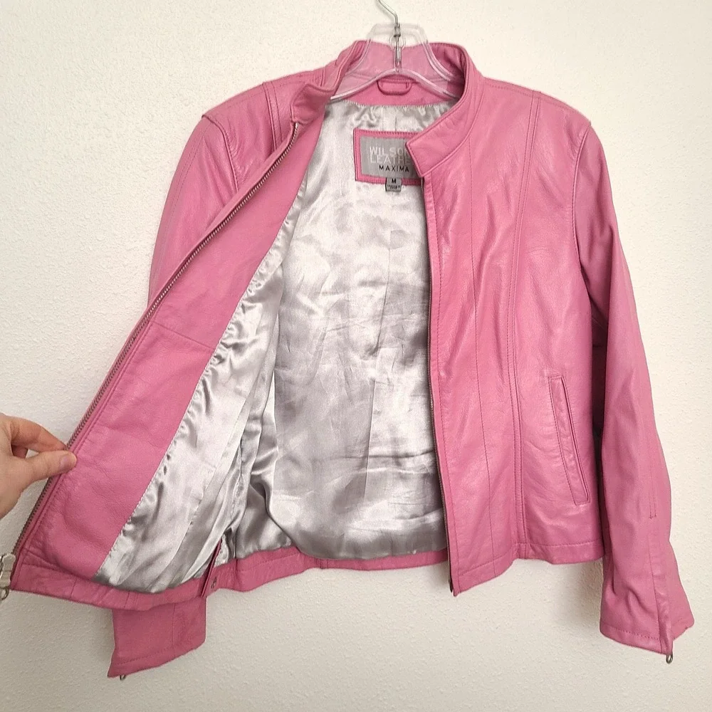 Vintage Wilsons Maxima MEDIUM Pink Leather Moto Jacket Biker Girly Coquette M - Picture 4 of 11